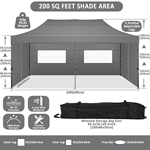 Image of COBIZI 10x20 Pop Up Canopy Tent,Heavy Duty Canopy(Gray with 6 Sidewalls)