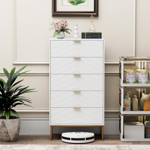 UEV Commode avec 5 Tiroirs 60cm, Meuble de Rangement, Motif de Lignes, Style Scandinave Elégant, pour Salon, Chambre, Salle à Manger, 60x34x110cm, Blanc