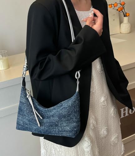 Fashion Sparkly Denim Dumpling Bag Adjustable Shoulder Strap Cross Body Bag Commuter Travel Handbag for Women 20254