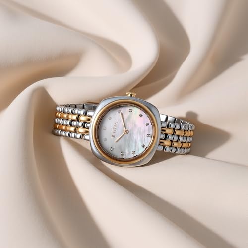 Image of Titan Aura Phase Quartz Analog Mother of Pearl Dial Two Toned Stainless Steel Strap Watch for Women-95241KM01