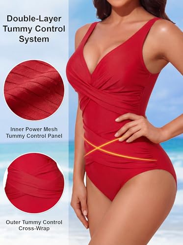 Image of Smismivo Tummy Control Swimsuits for Women Slimming One Piece Bathing Suit Retro Ruched Push Up Vintage Padded Swimwear