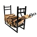 Sunnydaze Outdoor Firewood Log Rack with Kindling Holder - Powder-Coated Steel - 33 Inch Wide x 30 Inch Tall - Black