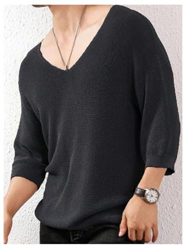 Verdusa Men's V Neck Drop Shoulder Lightweight Sweaters 3/4 Sleeve Knit Tops3