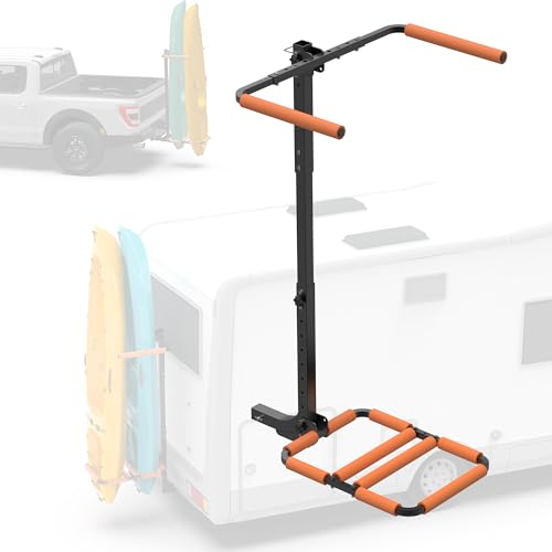300LBS RV Kayak Rack for 2 Kayaks up to 12FT Heavy Duty Vertical Hitch Mount Carrier with Reinforced Anti-Bend Base Adjustable Height Anti-Loosening Screws Fits 2 Receiver for RV Truck SUV
