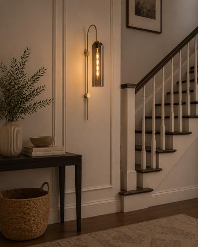 Image of Long Glass Wall Light, Modern Golden Metal Wall Light for Dining Area, Bedroom, Bedside, Living Room, Bar, Restaurants, Cafe, Study Room, Corridor, Shop with 30 cm Long Bulb (Smoke)