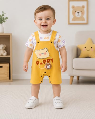 Image of Bold N Elegant Cute Cartoon Bibshorts Dungaree Baby Boy Girl Clothing Tshirt Shorts for little Kids