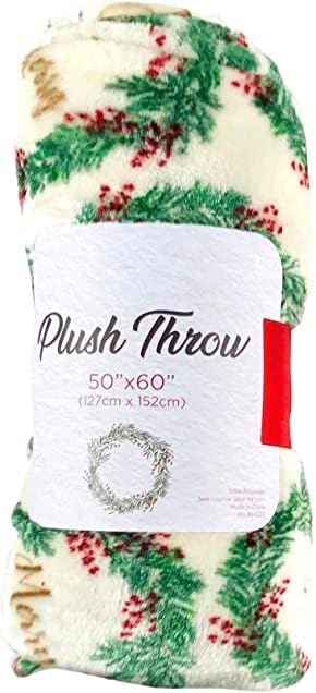 Miniatura 4 de Manta de Forro Polar para las Fiestas Navideñas Corona Tradicional de Decoración del Hogar con Saludos Cheers Merry Peace Joy sobre Fondo Beige