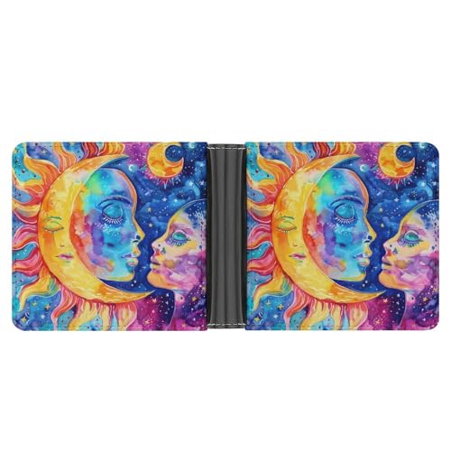 Watercolor Sun And Moon Funny Men's Slim Bifold Wallet with Multiple Card Slots Front Pocket Purse