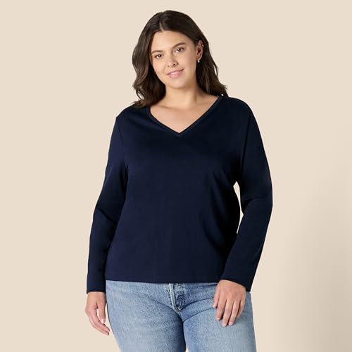 Amazon Essentials Camiseta de Cuello en V, Manga Larga, Corte Regular, 100% Algodón Mujer, Azul Marino, L