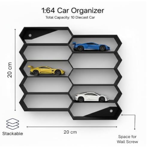 Image of 10-Car Hexagon Wall Rack Compatible with Hot Wheels Stand & 1:64 Die-Cast Cars | Stackable Wall Car Display Organizer with Side Guards & Screw Slot | Home & Office Decor (NO CAR INCLUDED)