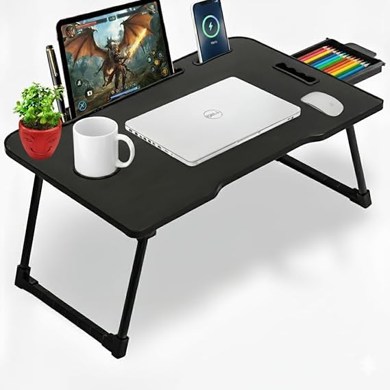 Image of Derbus Foldable Wooden Mini Laptop Table for Bed, Smart Study Table with Drawer kids (MK-K-BLACK=-R)