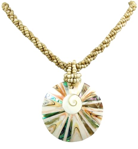 Round Iridescent Abalone Shell Necklace, Natural Cone Shell Shiva Eye Necklace, Handmade Beaded Seashell Abalone Necklaces for Women Jewelry AA2702