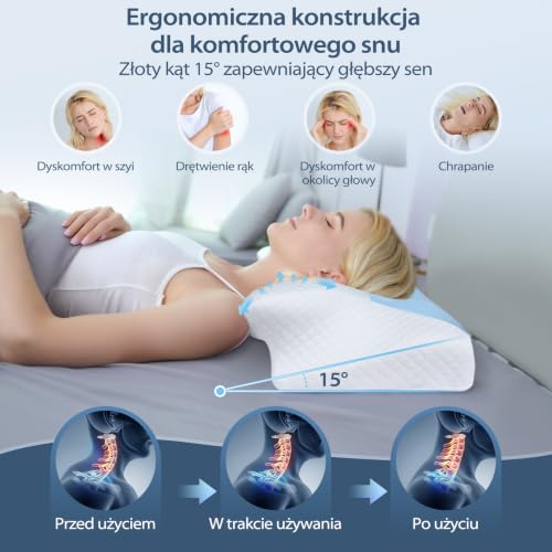 HOMCA Poduszka z Pianki Pamięciowej Szyjna 60x35x8/12cm Niebieska | Dla Śpiących na Boku, Plecach i Brzuchu, Ergonomiczn