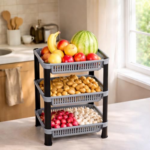 Image of Plastic Kitchen Rack, Multipurpose Vegetable & Fruit Storage Basket Organizer for Home, Pantry & Kitchen - Strong & Easy to Assemble (3 Layer, Silver)