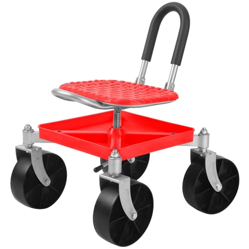 Cuteam Gardening Rolling Seat Height Adjustable Rolling Garden Cart 360 Degree Swivel Gardening Stool with Tool Tray Rolling Work Seat for Gardeners Elderly Seniors (Red)