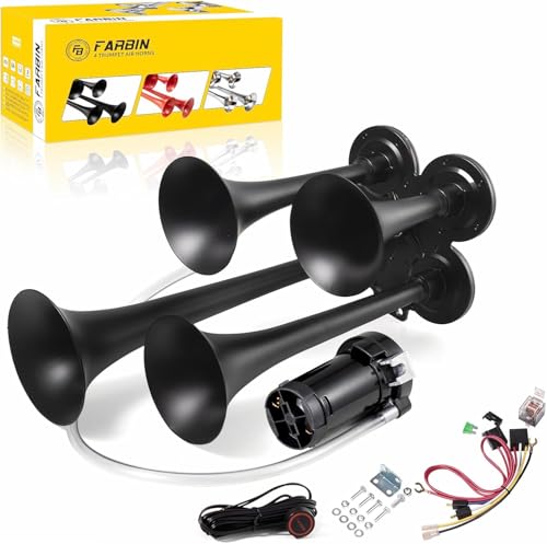 FARBIN LKW Luft Horn 150DB Zug hupe 12V 4 Trompete Auto hupen für LKW Super Laute Luft Horn mit Kompressor für Fahrzeug Auto Pickup Jeep SUV Boot