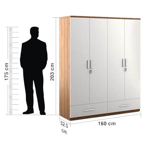 Image of Spacewood Apex Wardrobe | 3 Year Warranty | Almirah, Cupboard, Almari, 4 Door Wardrobe, 3 Drawer (1 Lock Drawer) and 2 Hanging Space & 1 Internal Locker |Engineered Wood| Frosty White