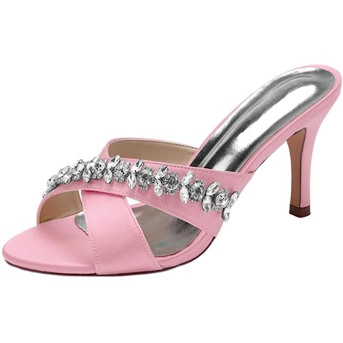 Sandales de fête en satin rose et cristaux avec talon de 8,5 cm de qualité
