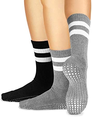 LA ACTIVE Grip Socks - 2 Pairs - Yoga Pilates Barre Ballet Non Slip Crew Hospital (Jogger Grey and Tuxedo Black with Stripes, Medium)