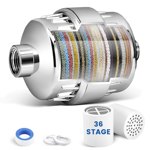 36 Stage Shower Filter Hard Water, UK Shower Head Filter with Replaceable Extra Filter Cartridge, Removes Chlorine & Heavy Metals, pH Balance Restoration for Healthy Skin & Hair
