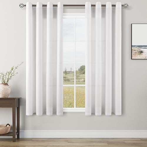Image of White Linen Curtains 63 Inch Length for Living Room 2 Panels Set Grommet Short Kitchen Window Curtain Rustic Semitransparent Light Filtering Short Drapes for Dining Room Basement Bathroom 52x63