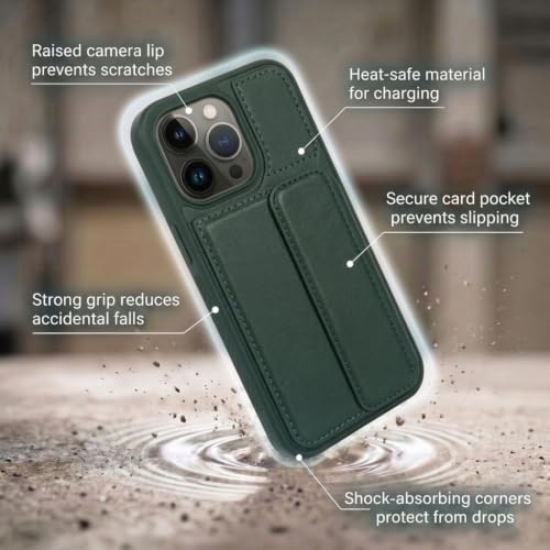 Image of amazon basics Luxury Vegan Leather Back Cover for iPhone 14 Pro | Built-in Card Holder Slot | Integrated Mobile Stand | Slim Shockproof Protective Case with Stitched Finish - Green