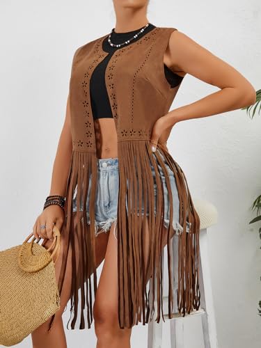 Verdusa Women's Fringe Trim Suede Vest 70S Hippie Open Front Cardigan Jacket4