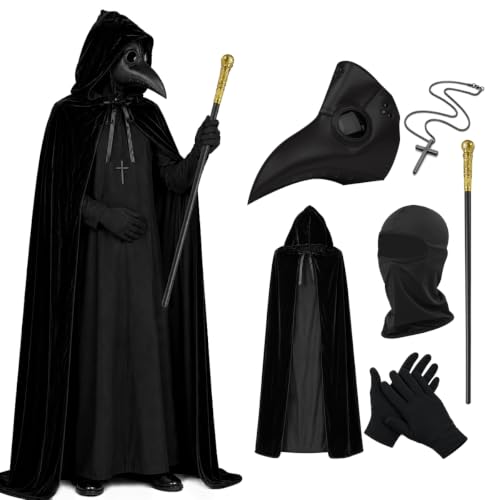 GADNOZEL Adult Plague Doctor Costume Set with Long Beak Mask and Hooded Velvet Cloak for Halloween Cosplay & Fancy Dress