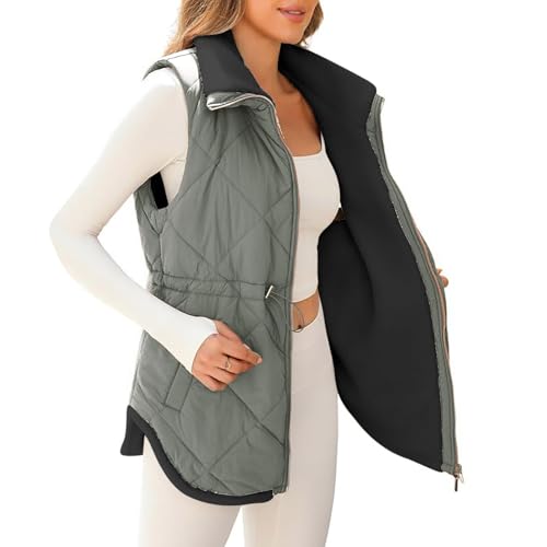 Womens Winter Vests Sleeveless Sherpa Fleece Jacket Zip Up Stand Collar Warm Drawstring Waist Coat with Pockets