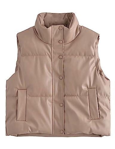 Zontroldy PU Leather Quilted Puffer Vest Women Stand Collar Zip Up Sleeveless Padded Lightweight Jacket Vest Waistcoat