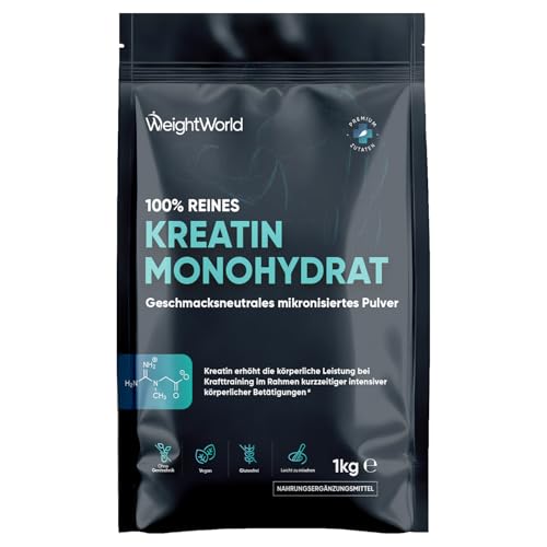 Creatin Monohydrat 1kg Pulver - 11 Monate Vorrat - 1000g veganes mikronisiertes Kreatin Powder - 330 Portionen - Frei von Magnesiumstearat, Gluten & Laktose - WeightWorld