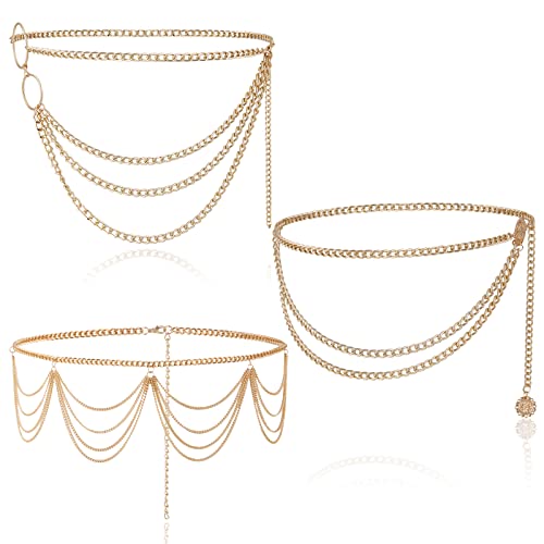 Weinsamkeit 3 Pièces Chaîne de Taille de Ventre Multicouche, Mode Ceinture Chaîne Pour Femmes Vintage Ajouré Sculpté En Métal Réglable Boucle Longue Robe Ceinture Chaîne Chaîne De Corps