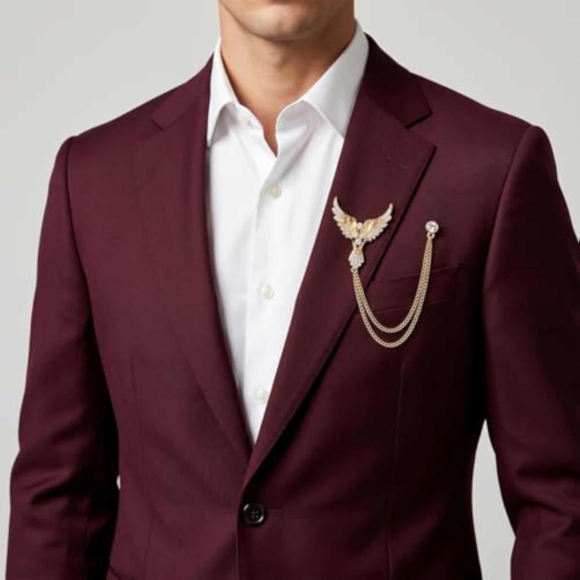 Men's Suit Shirt Stud Lapel Pin with Crystal Chain, Elegant Design