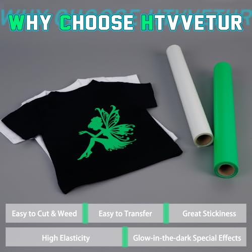 Image of HTVVETUR Glow in The Dark HTV Heat Transfer Vinyl Roll 12 Inch by 20 Feet Iron on DIY for T-Shirt PU Stretch Elastic HTV Vinyl (Dark in Glow Green, 20FT)