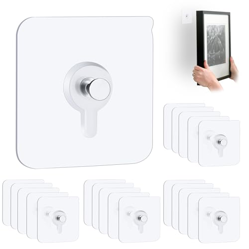 22 Pcs Drill Free Adhesive Wall Hooks 20 lb Capacity Picture Hanging Hooks Heavy Duty Picture Hangers Without Nails Strong Hold for Bathroom Kitchen & Entryway