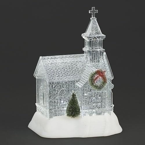 Roman, 9" H Lighted Swirl Clear Church with Green Wreath, Confetti Lites, Tabletop Christmas Decoration,