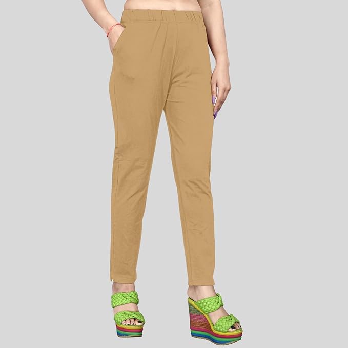Image of Women's Solid Cotton Lycra Pants-High Waist Slim Fit Stretchable Leggings - Comfortable Long Trousers for Casual, Office & Everyday Wear
