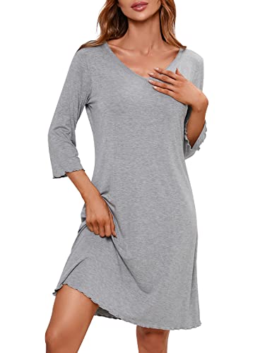 Clearlove Chemise de Nuit à Manches Longues pour Femmes Chemise de Nuit Courte avec Volants Chemise de Nuit col Rond vêtements de Nuit Unis, B-Gris Clair, XXL Cover