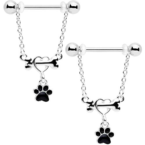 Body Candy 14G Nipplerings Piercing 14mm 316L Steel 2Pc Rosy Paw Print Love My Dog Dangle Nipple Ring Set