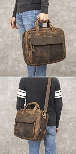 Le'aokuu Leather Mens Business Travel Laptop Case Best Portfolio Briefcase Handles Organizer Shoulder Strap Messenger Bag (Y B1001 A Brown) 7