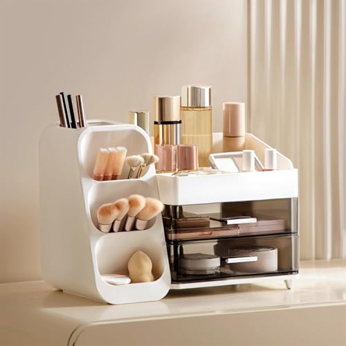 HBlife Makeup Organizer with Brush Holder for Vanity, Large Plastic Bathroom Countertop Organizer Skin Care Storage, Easy to Store Lipsticks, Nail Polishes, Perfumes, Eyeshadow Palettes, White by HBlife - Used condition - Image 5