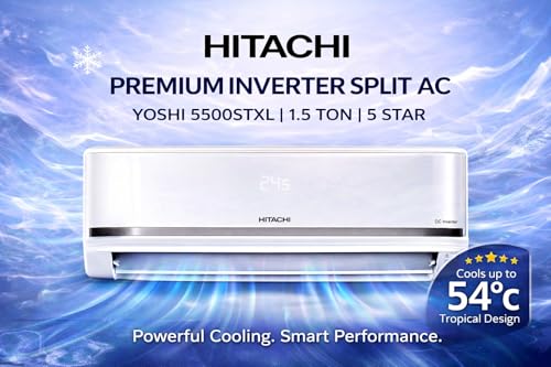 Image of Hitachi 1.5 Ton 5 Star, New Star rated, Inverter Split AC (Copper, Smart View Display, 4 Way Swing, ice Clean, Anti-bacterial Filter, Yoshi 5500STXL RAS.V518PCDIST, White)