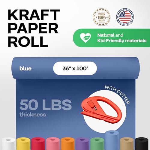 Image of Blue Kraft Paper Roll 36 inch x 1200 inch (100 feet) with Cutter - USA-Made Wrapping Paper for Packing, Moving, Shipping & Crafts /Arts - 100% Recyclable Natural Craft Material by IDL Packaging