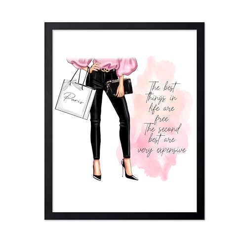 Image of Poster Master The Best Thing In Life Are Free Poster - Fashion Print - Trendy Art - Modern Art - Gift for Women & Fashionista - Funny Glamour Decor for Bedroom or Girl's Room, 11x14 Black Framed