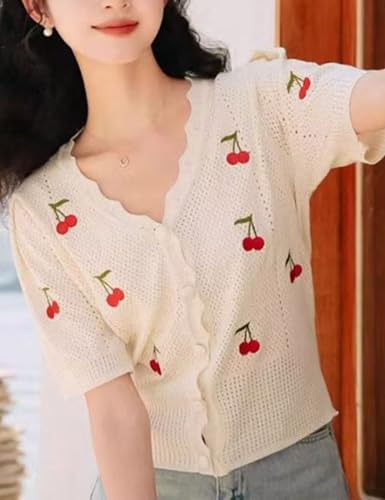 Xunger Women's Cute Cherry Embroidery Knit Cardigan V-Neck Summer Crochet Cropped Top Lightweight Casual Blouse2