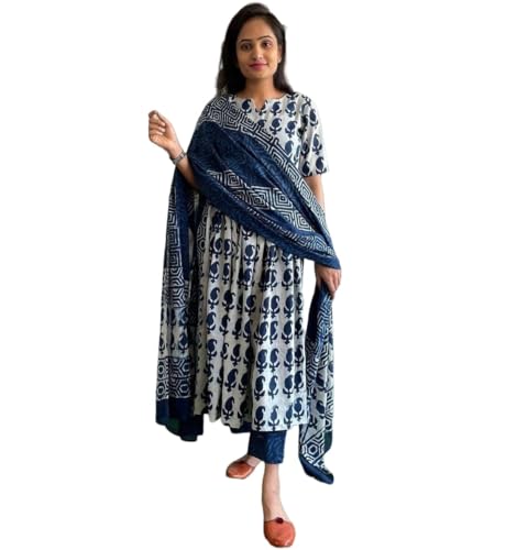 Preeson Women's Pure Cotton Floral Printed Nyra Cut Kurti and Pant Set With Malmal Dupatta (XX-Large)