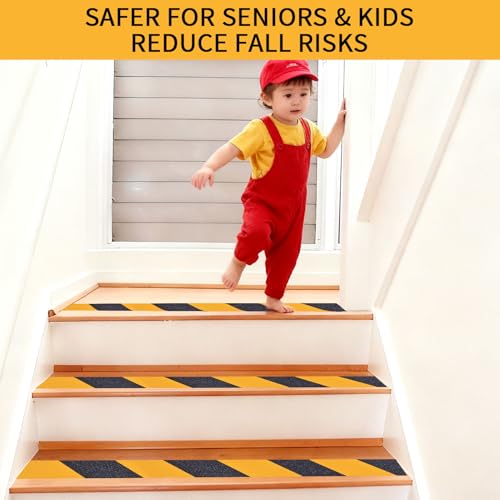 Image of Black & Yellow Anti-Slip Stair Treads Tape, 4 inch x50FT Heavy Duty Non-Skid Grip Tape for Indoor /Outdoor Steps, Bathroom & Pool - PVC Waterproof Safety Traction Tape