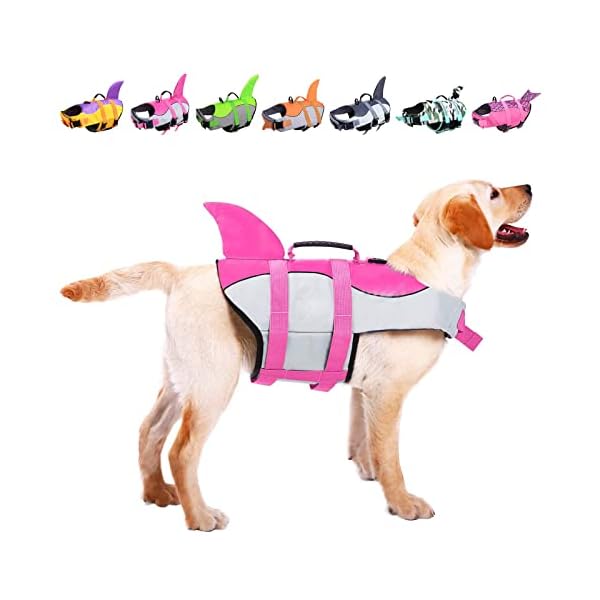 Asenku dog life jacket pet life safety vest for swimming boating, dog shark life jackets dog lifesavers swimsuits for pool, dog water floatation vest for small medium large dogs, shark pink, medium