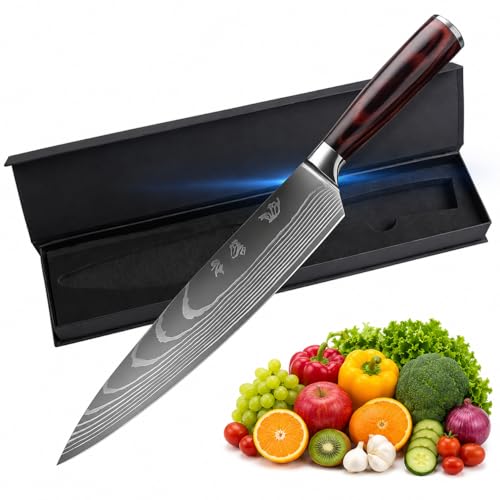 Image of Professional Chef Knife - 8 Inch Japanese Style Kitchen Knife with Hammered Stainless Steel Blade & Wood Handle-Ultra Sharp Multipurpose for Vegetables & More (Megnet Box)