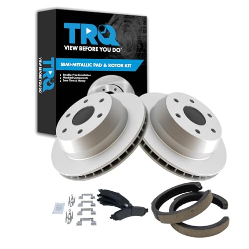 Image of TRQ Rear Brake Pad and Rotor Set Semi Metallic Coated Rotors Compatible with 2000-2006 Cadillac Escalade Chevrolet Avalanche 1500 Silverado 1500 Suburban Tahoe GMC Sierra 1500 Yukon XL 1500